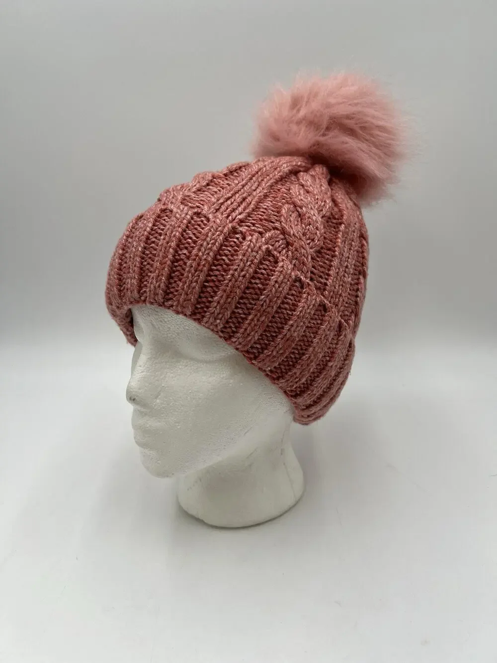 Time and Tru Pink Faux Fur Lined Knit Beanie Hat One Size Women’s Winter